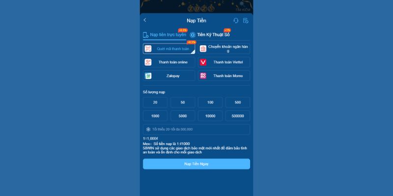 Hướng dẫn chi tiết các bước nạp tiền 58WIN